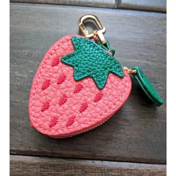 Cute Strawberry Coin Purse Charm AirTag Holder Pouch Zipper Faux Leather Trendy - Picture 3 of 8